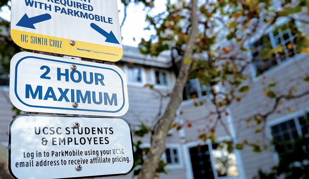 UC Santa Cruz ParkMobile parking signs showing a two-hour maximum.