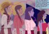 The Art of Carrying On Four women connected by a winding pink thread in a mixed-media artwork by Houyee Chow-Jiménez.