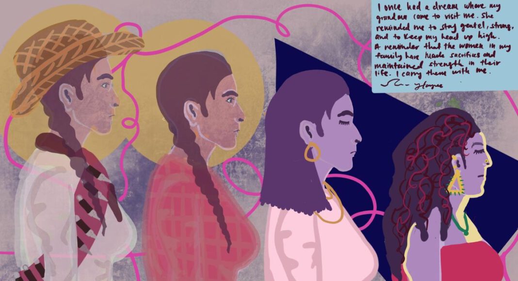 Four women connected by a winding pink thread in a mixed-media artwork by Houyee Chow-Jiménez.
