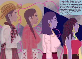 The Art of Carrying On Four women connected by a winding pink thread in a mixed-media artwork by Houyee Chow-Jiménez.