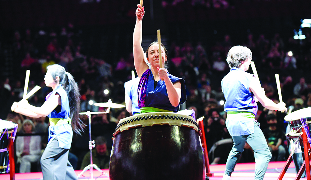 Taiko drummers perform during a World Elite Sumo event.