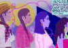 The Art of Carrying On Four women in profile linked by a winding pink line, with a handwritten remembrance above them, in artwork by Houyee Chow-Jiménez.