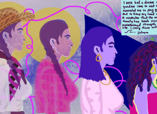 The Art of Carrying On Four women in profile linked by a winding pink line, with a handwritten remembrance above them, in artwork by Houyee Chow-Jiménez.