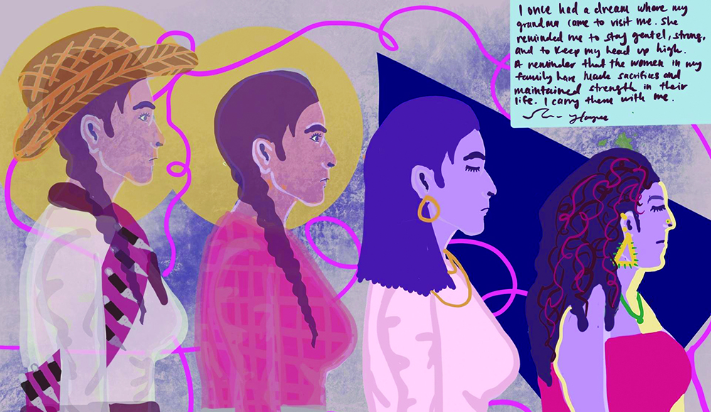 Four women in profile linked by a winding pink line, with a handwritten remembrance above them, in artwork by Houyee Chow-Jiménez.