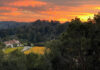 Bucolic Haven Rosscienda vineyard in Aptos at sunset, with golden vines, wooded hills and a glowing orange sky.