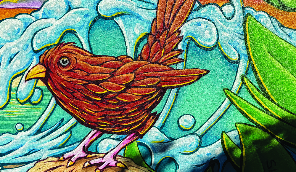 Detail of Shaun Logan’s colorful bird-and-wave mural at Hidden Beach in Aptos