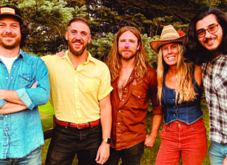Kicking Good Time Members of Santa Cruz country and Americana band Kentucky Mule posing outdoors.