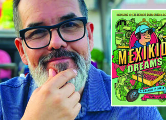 Mexikid Rules Author and illustrator Pedro Martin pictured beside the cover of his graphic memoir Mexikid Dreams.