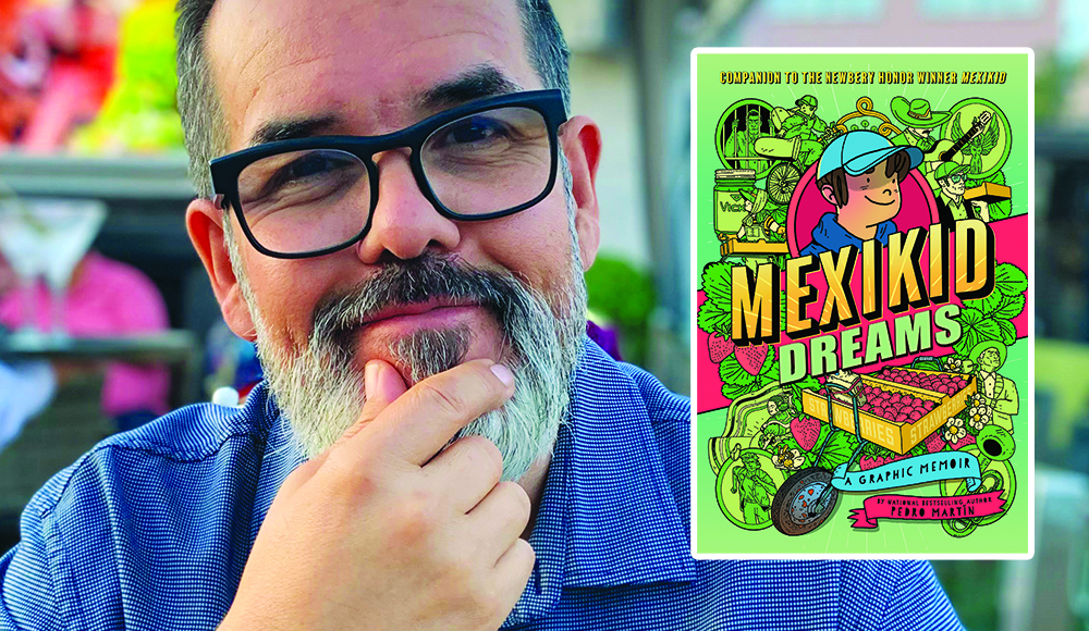 Author and illustrator Pedro Martin pictured beside the cover of his graphic memoir Mexikid Dreams.