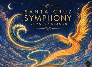 The Editor’s Desk Santa Cruz Symphony 2026–27 poster showing a golden firebird above the Civic Auditorium as concertgoers approach beneath a starry sky.
