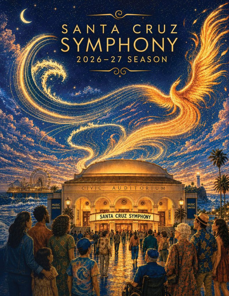 Santa Cruz Symphony 2026–27 poster showing a golden firebird above the Civic Auditorium as concertgoers approach beneath a starry sky.