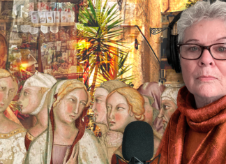 Al Fresco Launch Kay Martin wears headphones and an orange scarf beside a microphone, against a collage of painted figures and travel scenes.