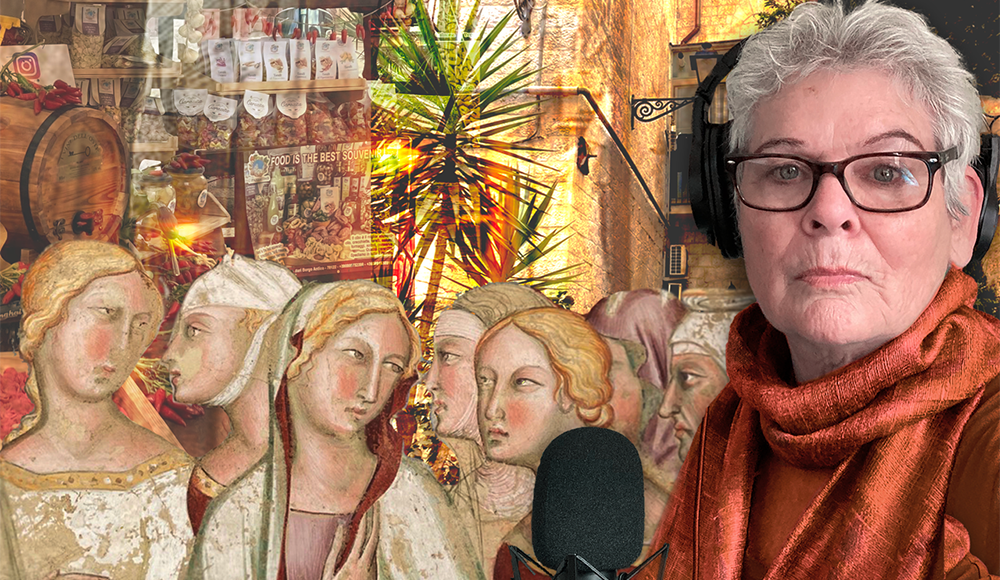Kay Martin wears headphones and an orange scarf beside a microphone, against a collage of painted figures and travel scenes.