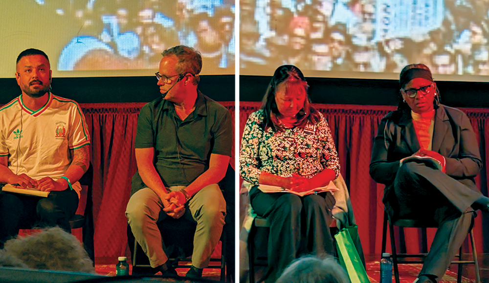 Four panelists sit onstage with notes during the Romero Institute’s voting rights town hall at the 418 Project.