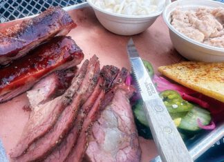All That Smoke Barbecue pork ribs and tri-tip with potato salad and mac and cheese at Mission St BBQ