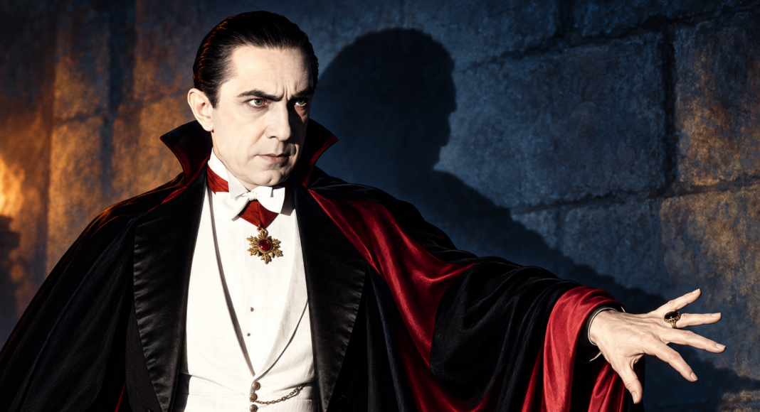 Color illustration of Bela Lugosi as Dracula, wearing a black and crimson cape with one hand outstretched.